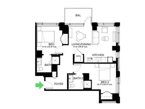Floor plan for 2 beds, 2 baths, 941 sqft